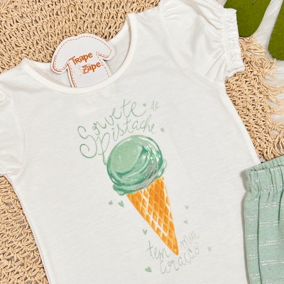 Conj. Blusa Sorvete de Pistache e Short - Off White e Verde